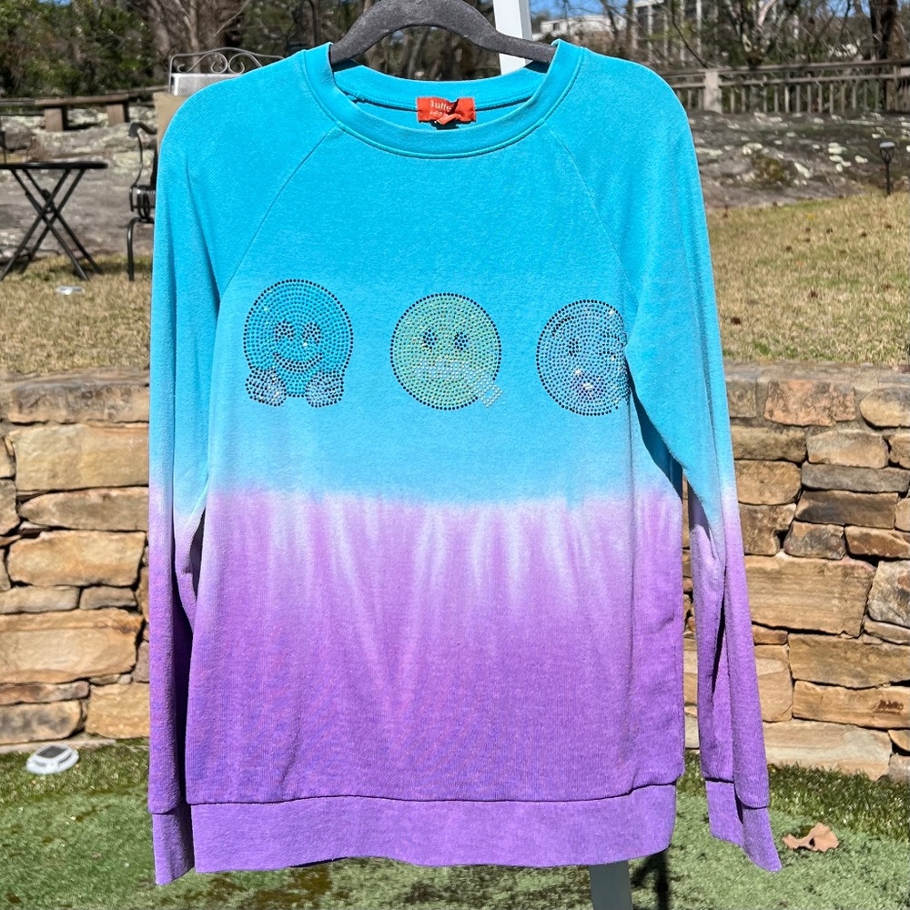 Butter Super Soft Turquoise and Lavender Rhinestone Emoji Sweatshirt
